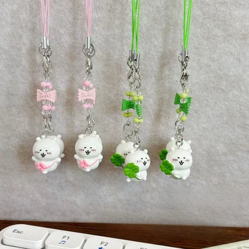 Cordino per telefono con orsetto Kawaii e perline, simpatico ciondolo a trifoglio e fiore di ciliegio, laccetto anime per cellulare e portachiavi, regalo