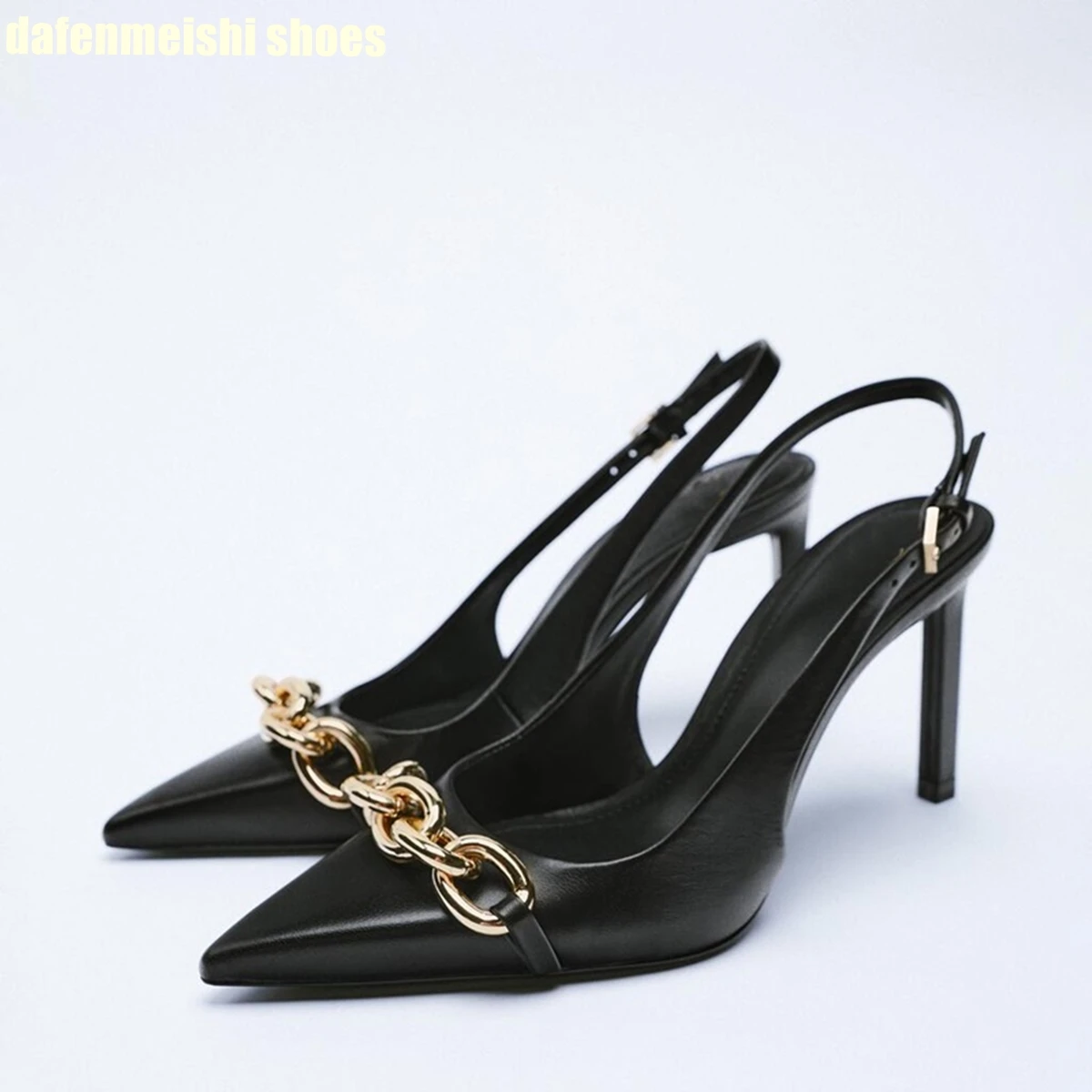 

Metal Chain Pointed Toe Women Sandals 2024 Autumn New Thin Heel Shoes Back Strap Slingback Black/beige Sheep Leather High Heels