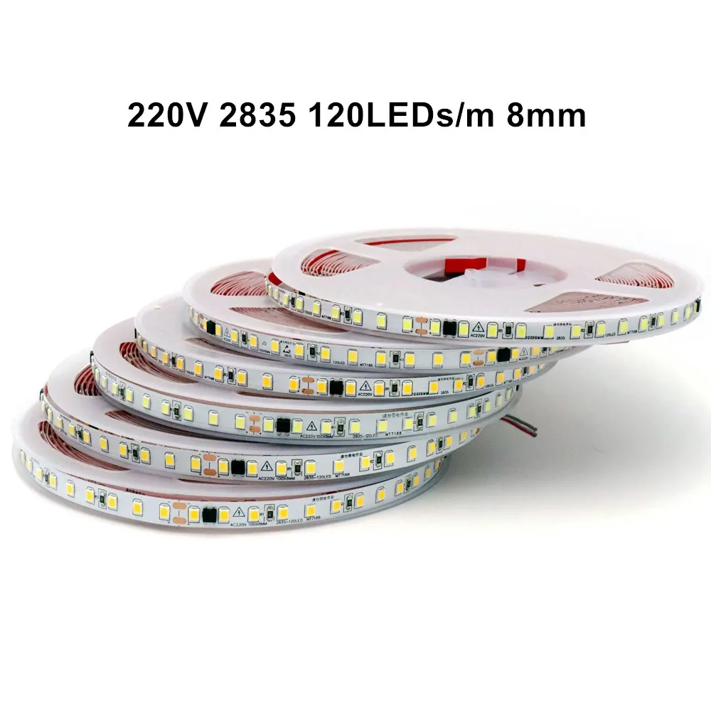 2835 120/240 LED 스트립 조명, AC 220 V  230V, 5M 램프, 220 V, 220 볼트 다이오드 테이프, 유연한 소프트 램프, 바 홈