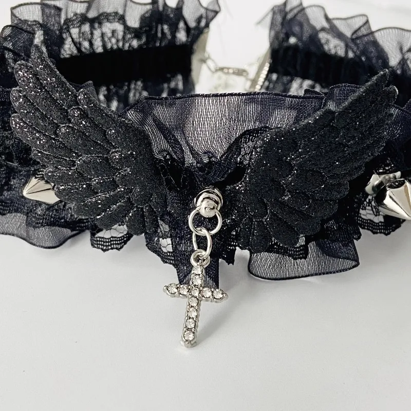 Fashion Solid Color Women Girls Necklace Wide Lace Rivets Lolita Lace Choker Y2K Angel Wings Cool Leather Necklace Daily Wear