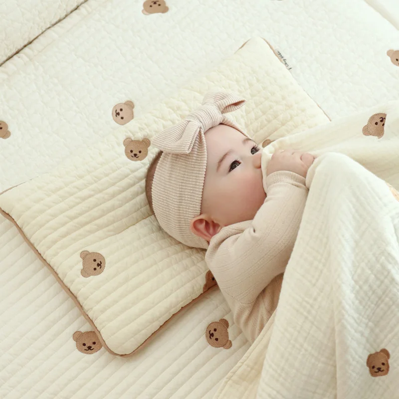 

Cartoon Rabbit Bear Embroidery Baby Sleeping Pillow Cotton Quilted Breathable Newborn Pillow Head Concave Cushion Infant Bedding
