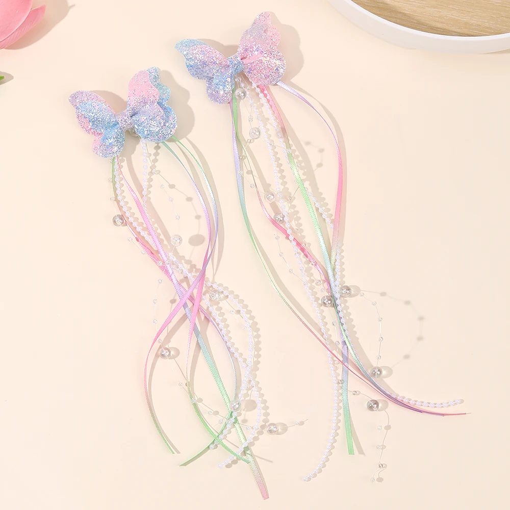 2Pcs Glitter Butterfly Bow Hair Clips Rainbow Butterfly With Sweet Long Pearls Tassels Barrtte Princess Hair Accessories Gifts