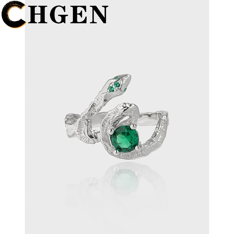 

CHGEN Original Design Snake Ring Green White Stone Luxury Texture S925 Silver Women's Ring Aesthetic Jewelry Elegance
