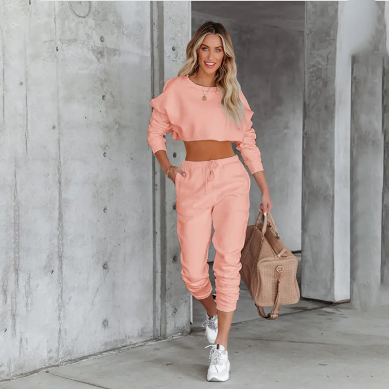 Autumn and Winter New Solid Color Round Neck Sleeve Head Crop Long Sleeve Hoodie Women's Fashion Casual Drawstring Pants Suit