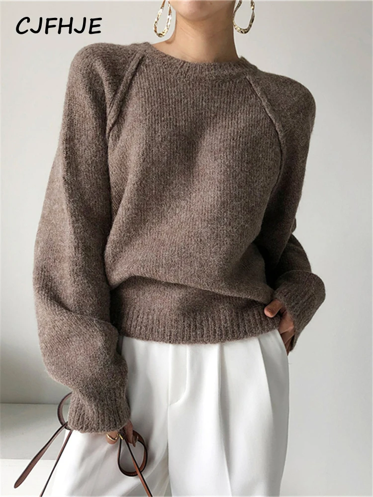 

CJFHJE O-neck Knitted Korean Fashion Warm Vintage Gray Pullovers Lady Spring Winter Women Sweater Auburn Simple Sweaters Female