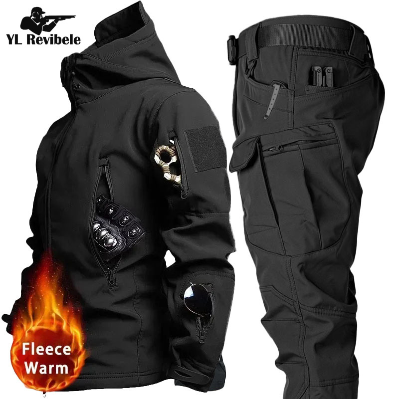 Military Fleece Warm Sets Men Outdoor Multi-Pocket Hooded Jackets+Army Soft Shell Cargo Pant 2 Pcs Suits Waterproof Tactical Set