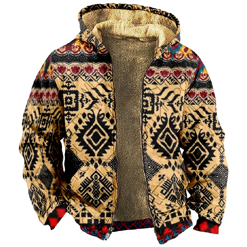2023 New Totem Pattern Cotton Coat Hooded Sweater Casual Print Long Sleeve Zipper Sweater Thick Cotton Coat Winter