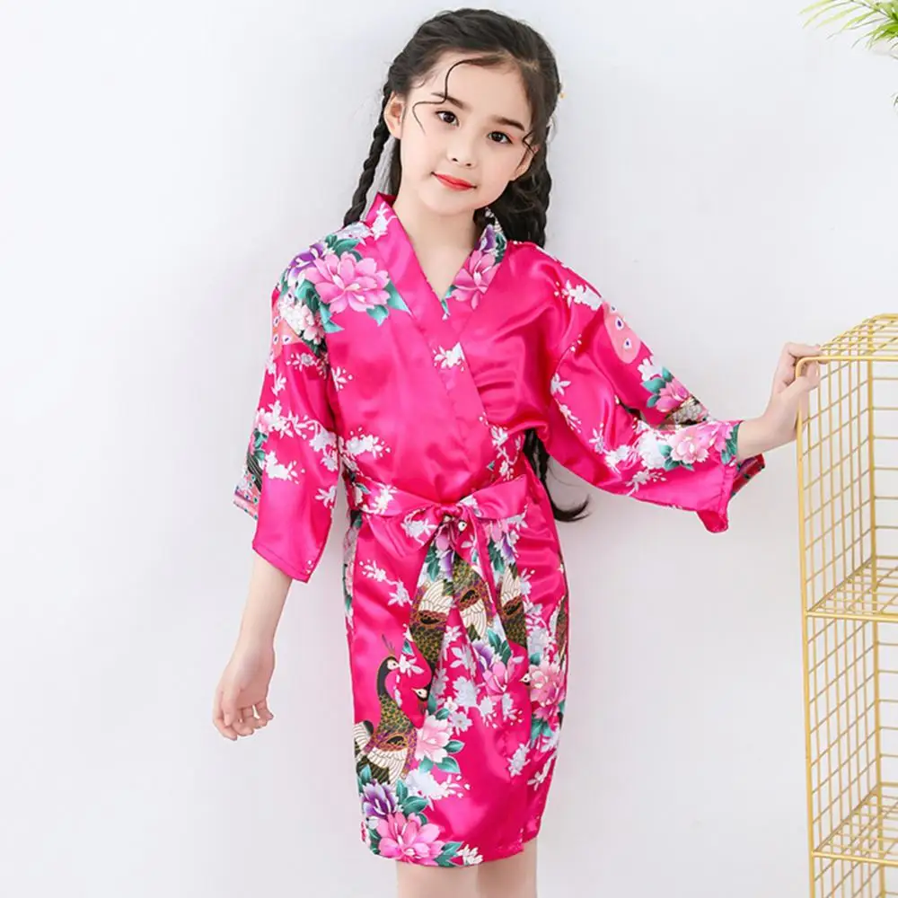 Comfortable Girls Children Long-Sleeve Floral Printing Dressing Gown Bath Robe Sleepwear For Home Daily Wear