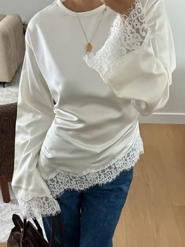 Elegant Satin Lace Patchwork Top Women Round Neck Loose Long Sleeves Strappy Female Shirt New Spring Chic Lady T-shirt 2026 1