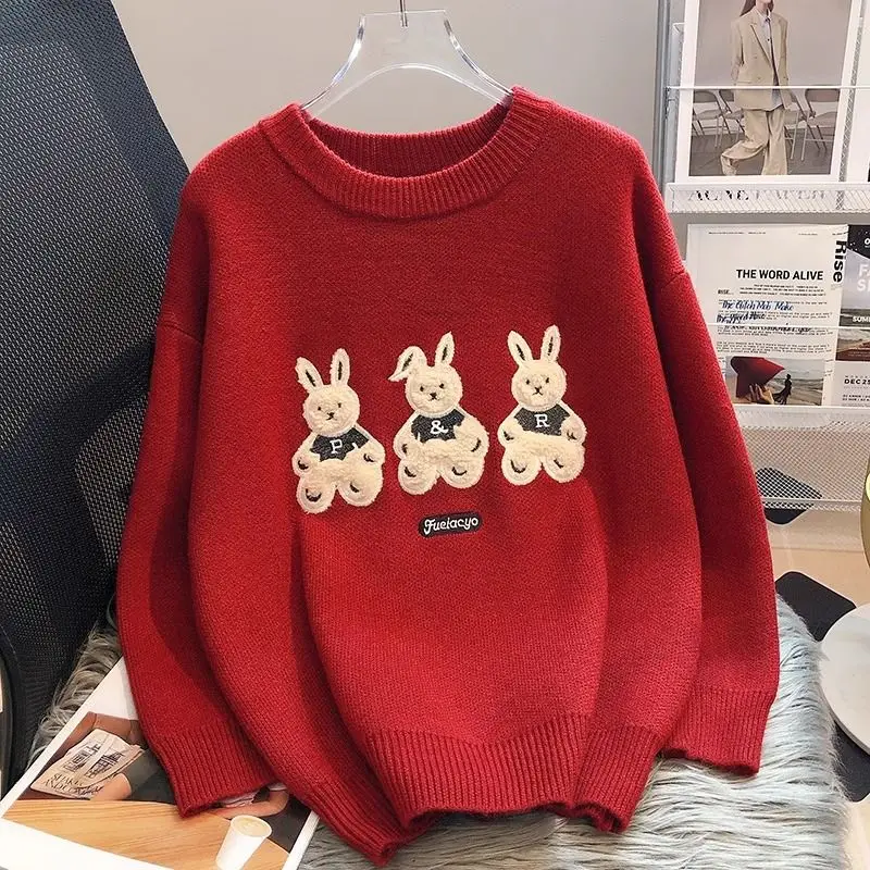 

Женский трикотажный свитер с кроличьим узором, Красный пуловер с круглым вырезом, свитер, женские топы, зимняя одежда, женские свитера