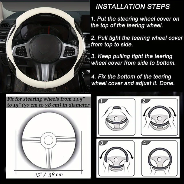 PU Leather & Carbon Fiber Texture Steering Wheel Cover, Comfort Grip Abrasion-Resistant Non-Slip, All-Season Use, Fits 14.5-15" 6