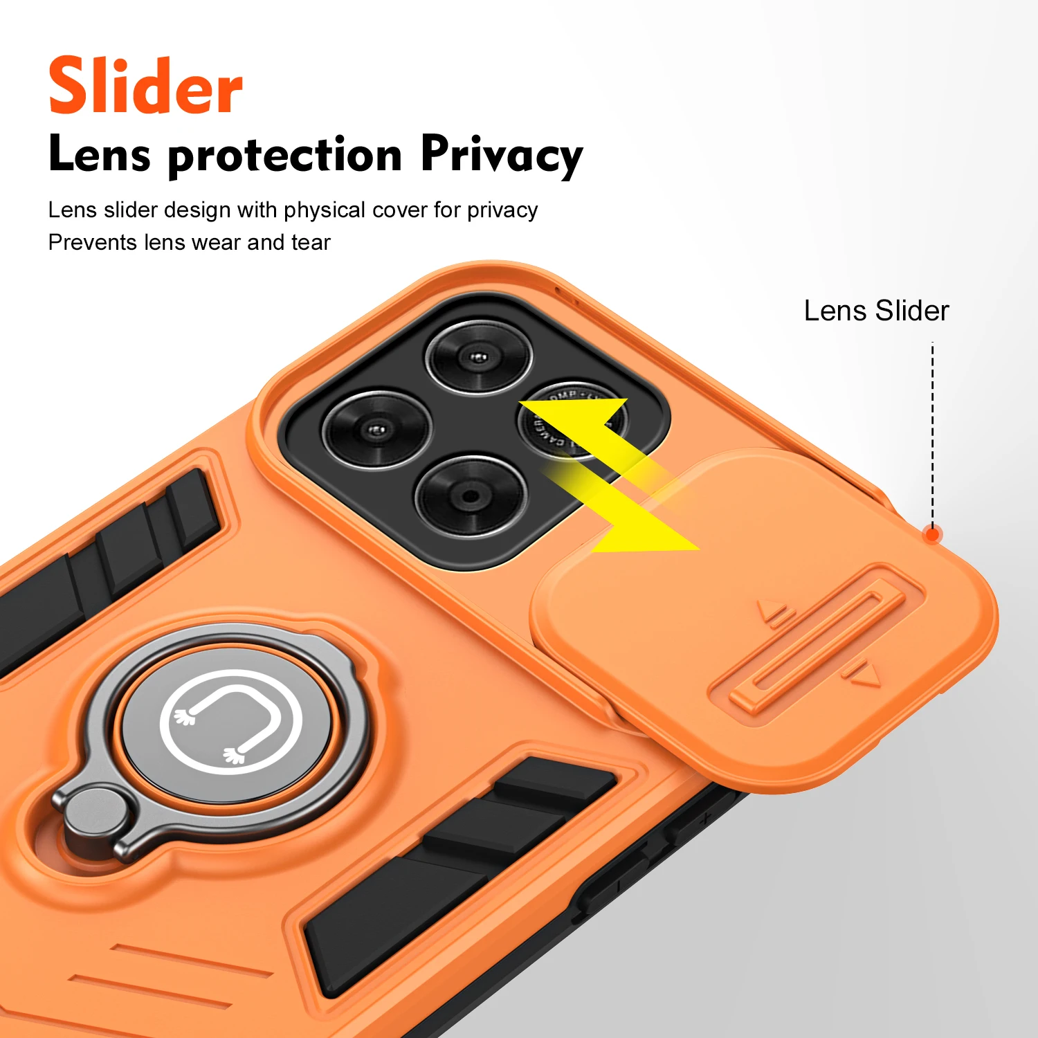 Hybrid Armor Shockproof Case with Sliding Window and Metal Ring Stand - TPU Plastic Phone Cover