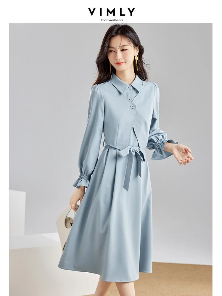 

Vimly 2023 Early Autumn Elegant Shirt Dress for Women 2023 Fashion Collared Belted A-line Long Puff Sleeve Ladies Dresses M2592