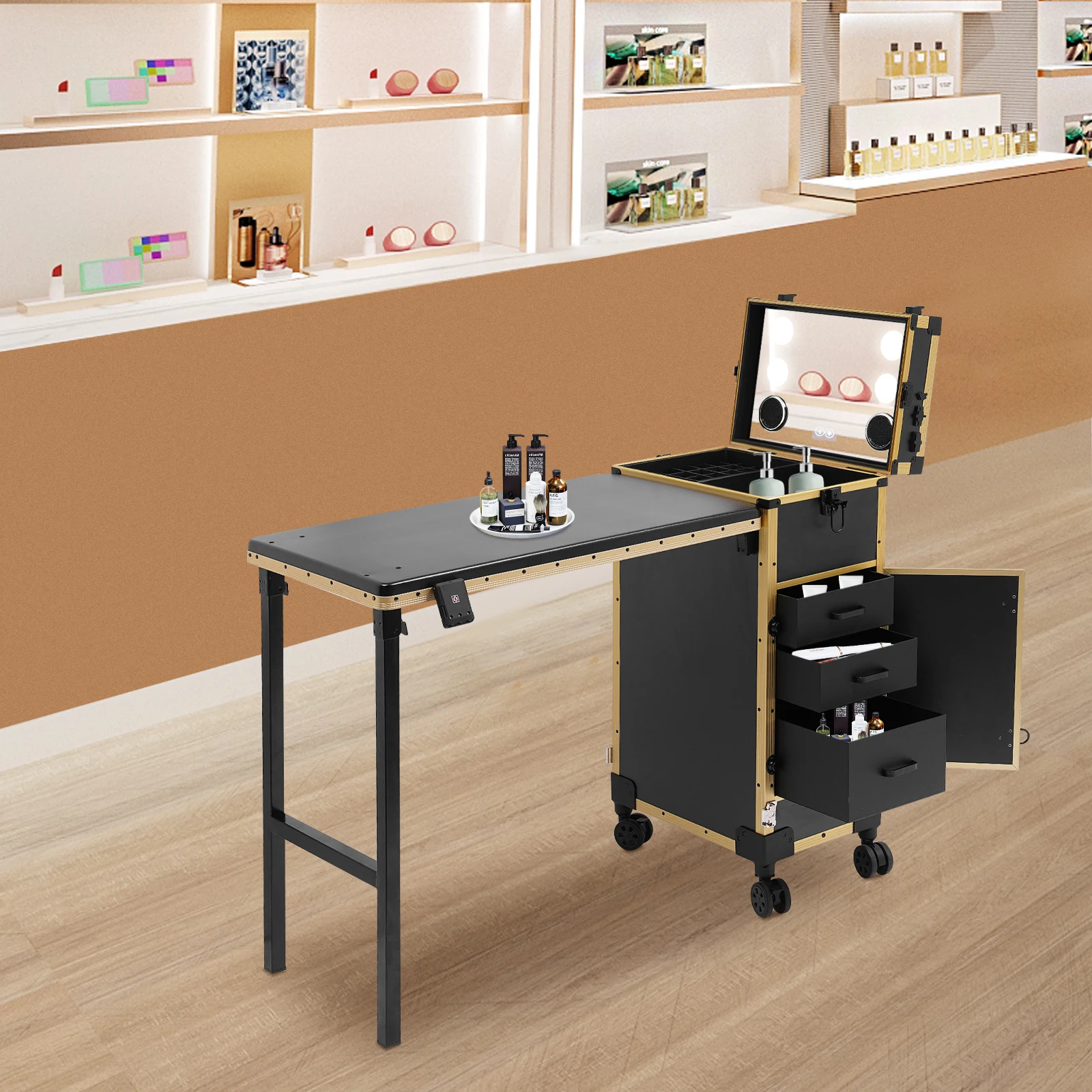 Portable Rolling Makeup Case, Foldable Nail Tables Travel Cosmetic Trolley Storage Organizer with 3 Drawers Mirror & Speaker