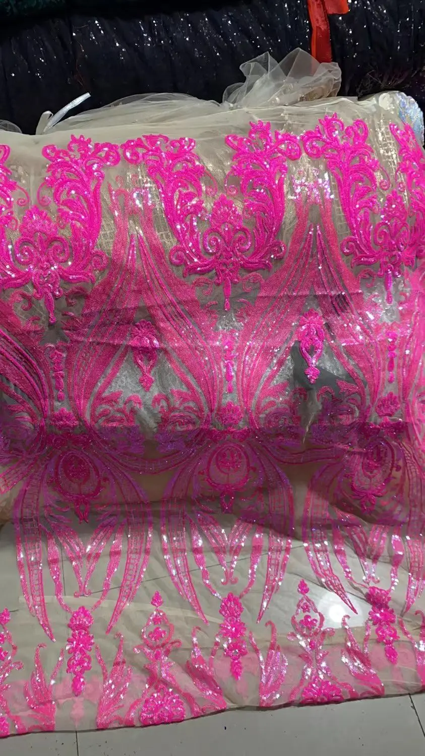 Elegant Rose Red and Dark Green Glitter Lace Fabric