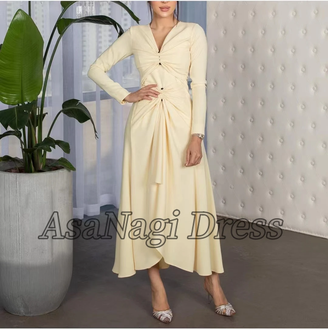 

AsaNagi Light Yellow Evening Dresses V Neck Long Sleeves Ankle-Length Women Simple Party Dress 2023 فساتين السهرة New Sales