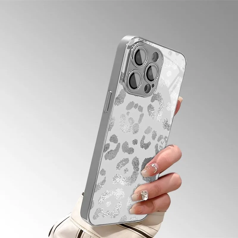 Electroplated Silver Grey Leopard Print Glass Phone Case