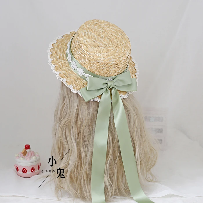 

Vintage Mori Girl Cute Big Bow Lace Ribbon Lolita Straw Hat Japanese Sweet Elegant Princess Lolita Flat Cap Beach Cap Summer