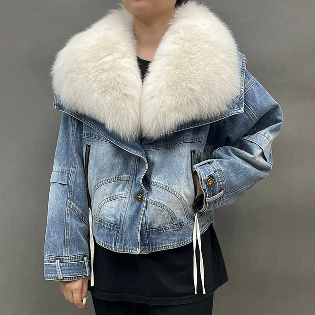 Hfyihgf Winter Womens Faux Fur Collar Sherpa Fleece Lined Distressed Denim  Jacket Tops Plus Size Casual Button Down Outerwear Coat with  Pockets(Blue,XXL) - Walmart.com