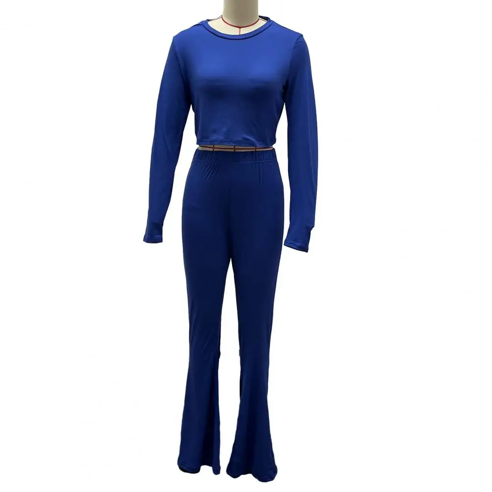 

Женский комплект из 2-х предметов, топ с круглым вырезом и длинными рукавами и брюки с высокой талией, однотонный эластичный комплект из двух предметов