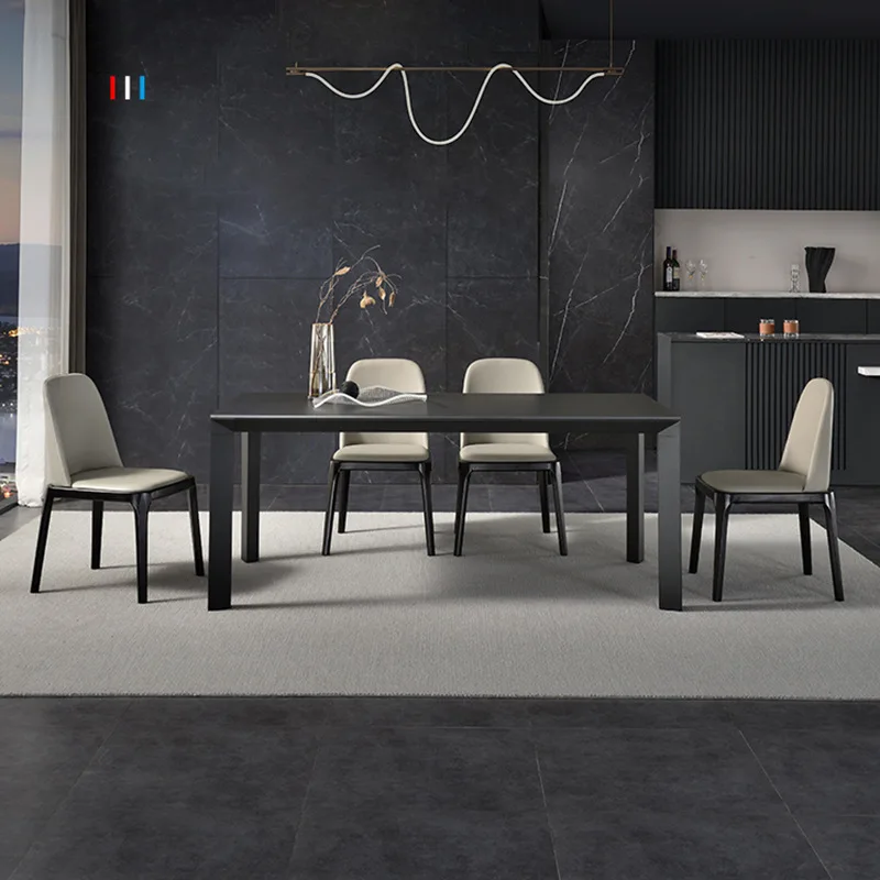 

Pure Black Rock Board Dining Table Household Light Luxury Aluminum Alloy Rectangular Dining Table
