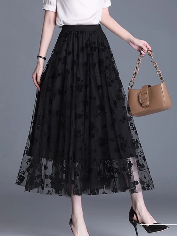 Sexy Skirts Women Mesh Summer New Reversible Fashion Hook Flower Loose Midi Skirt Elegant Female Casual All Match