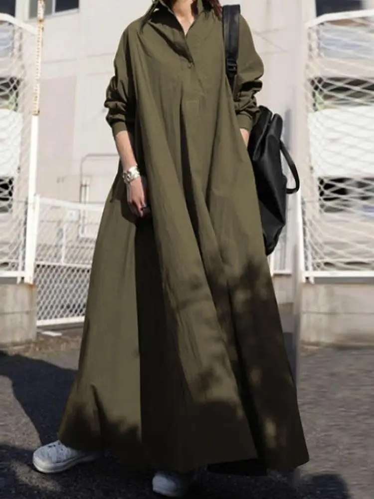 ชุดสตรี Maxi Kaftan แขนยาว ผ้าลินิน ฤดูใบไม้ร่วง