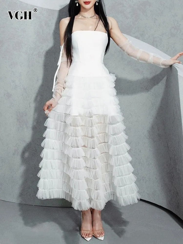 

VGH Solid Patchwork Mesh Elegant Dress For Women Strapless Sleeveless Backless High Waist Temperament Dresses Female Fashion new
