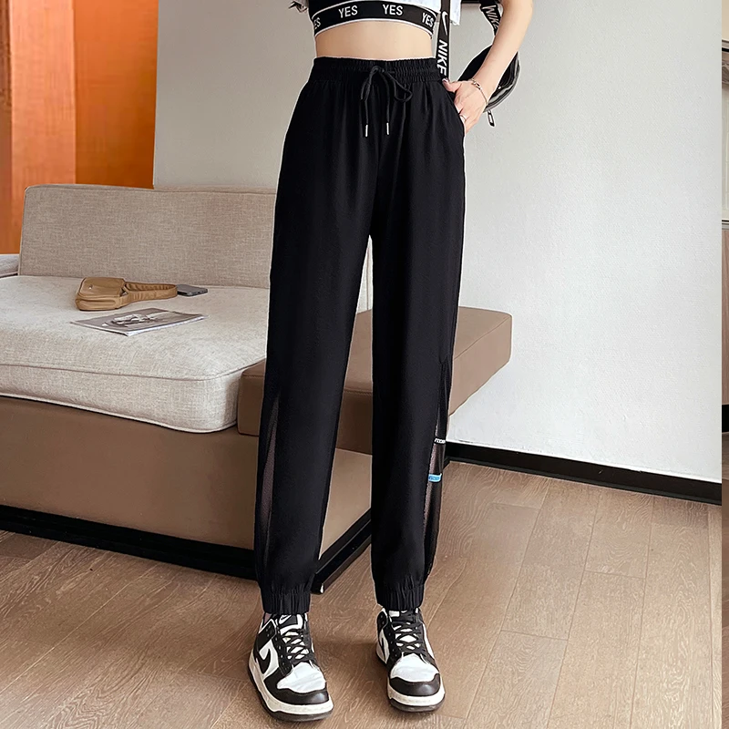 Spring Summer Women's Solid High Waisted Pockets Gauze Shirring Drawstring Elastic Harlan Casual Sports Loose Clothing Pants