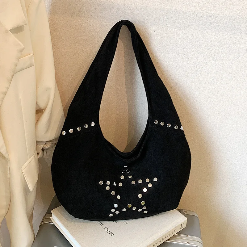 Women's Suede Bag Large Capacity Retro Y2k Star Rivet Decor Underarm Bags Punk Fashion Shoulder Storage Winter Commuter Handbag