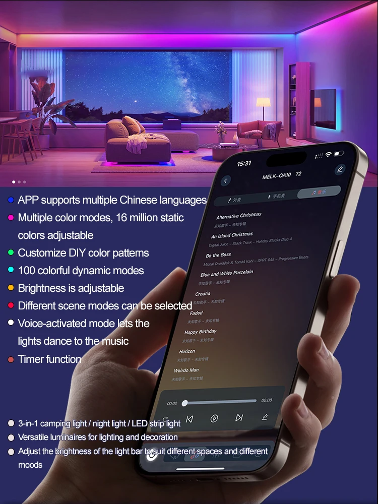 GGbingo LED Night Light RGB Camping String Lights Waterproof Smart APP Portable Stowable USB Charging Decorative Ambient Lights