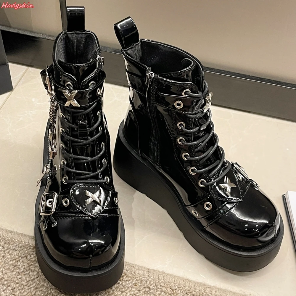 Black Thick Sole Metal Chain Women Short Boots Round Toe Side Zipper Flats Shoes Punk All-match Height Increasing Ankle Boots