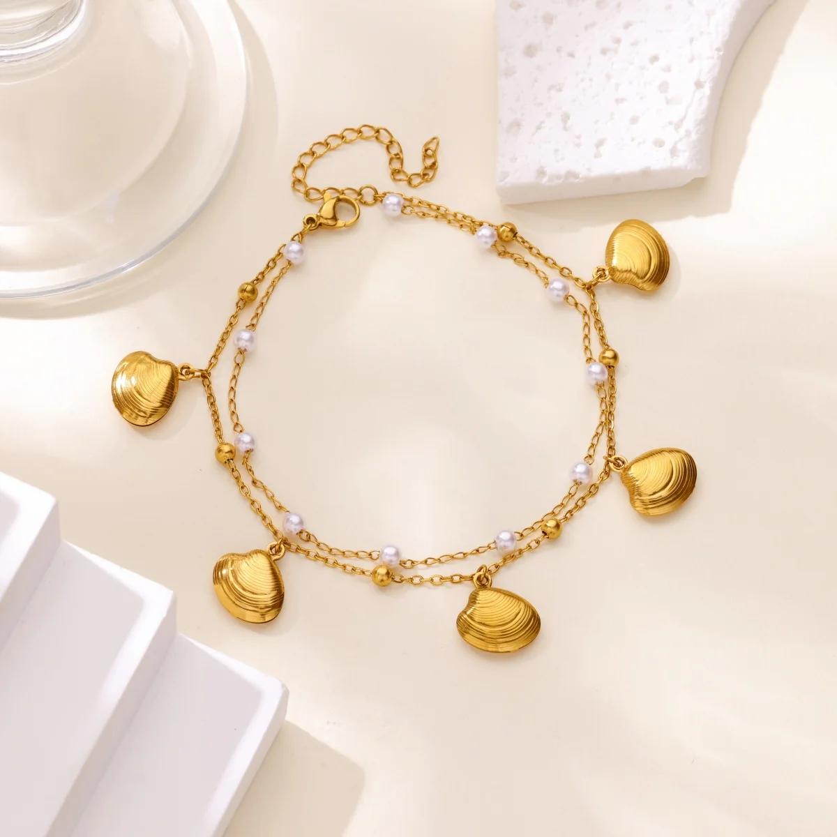 Starfish Shell Anklet For Women Gold Color Stainless Steel Pearls
