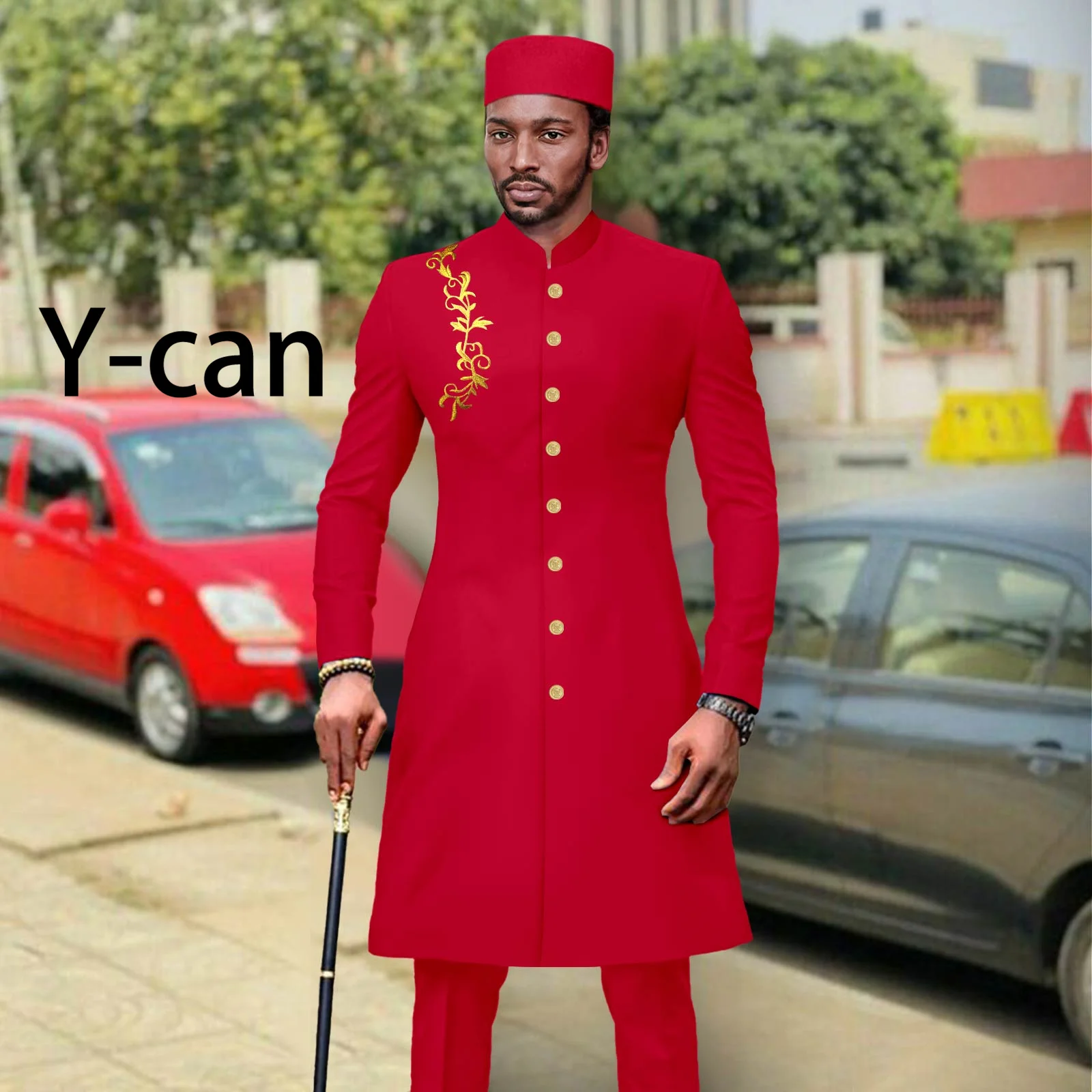 African Outfits for Men Wedding Suit 3 PCS Set Dashiki Traditional Embroidery Red Jacket and Trousers Match Muslim Caps A2316058