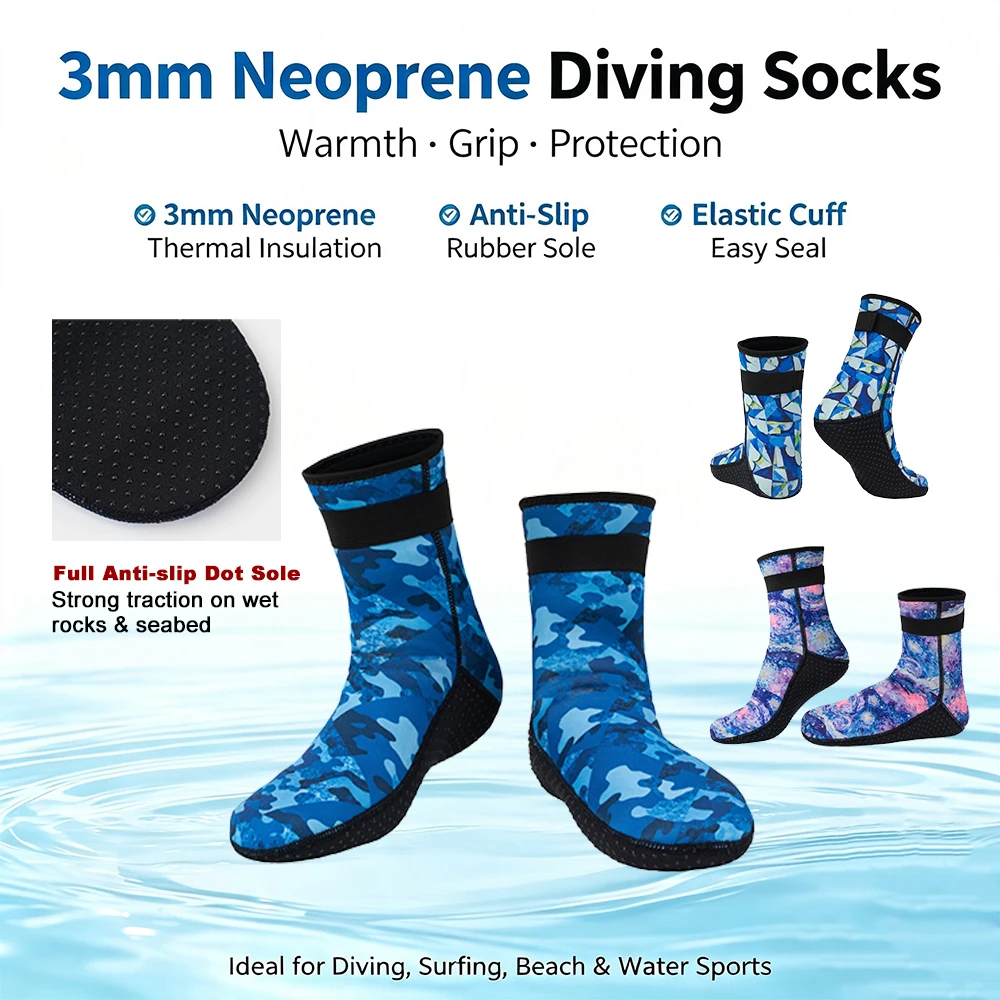 3mm Neoprene Non-Slip Water Sports Socks - Warm Beach and Swim Booties for Surf, Snorkeling, and Diving
