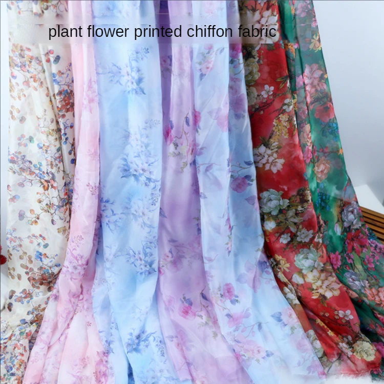 30D Flower Chiffon Fabric By The Meter for Clothes Silk Scarf Dress Skirts Sewing Leaves Printed Soft Thin Sag Transparent Cloth