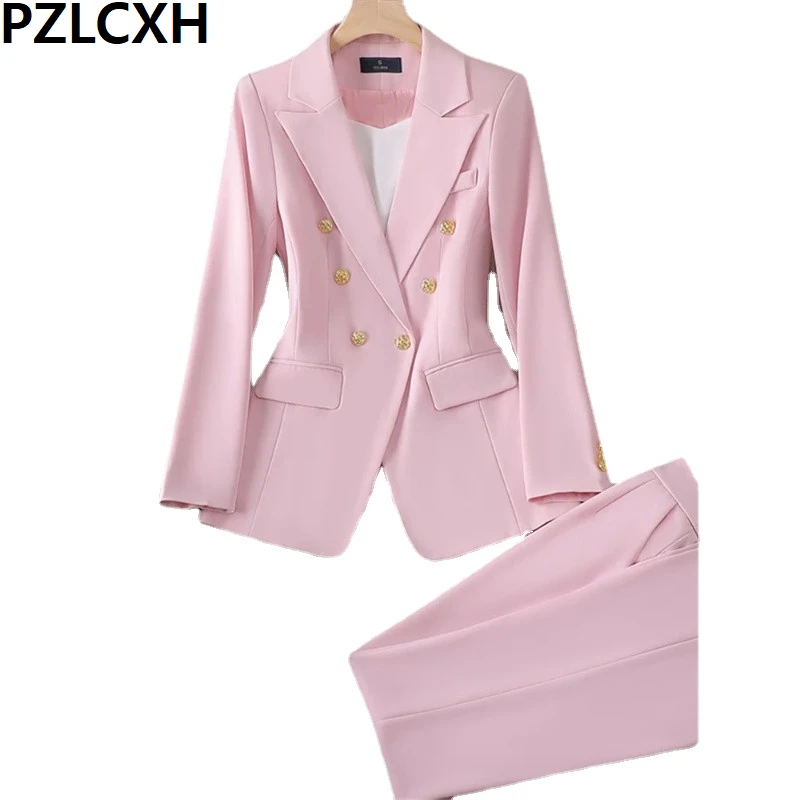 

Pzlcxh Office Ladies Two Piece Sets Womens Outifits 2023 New Double Breasted Turn Down Collar Blazers Elegant Skirt Suits OL