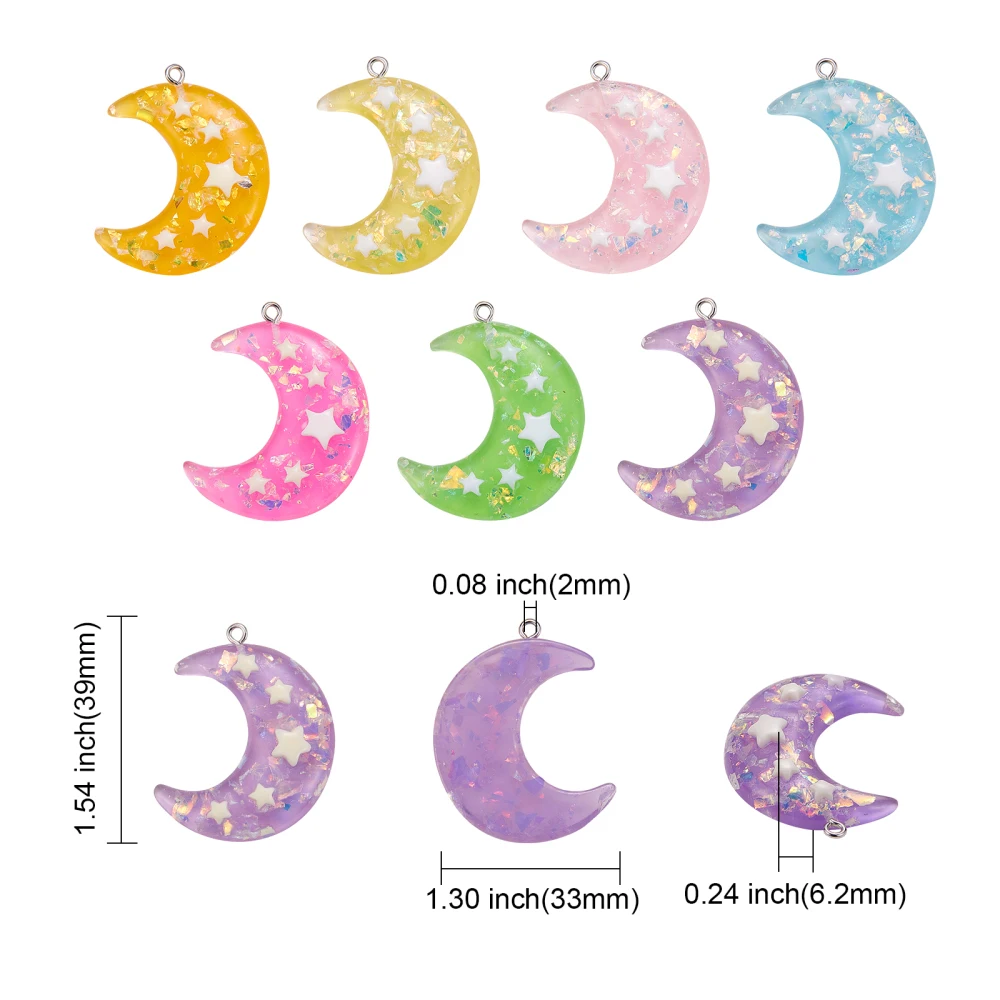 28Pcs 7 Colors Moon Charms with Star Sequins/Paillette Sparkly Glitter Resin Charms Bulk for DIY Craft Adults Jewelry Making