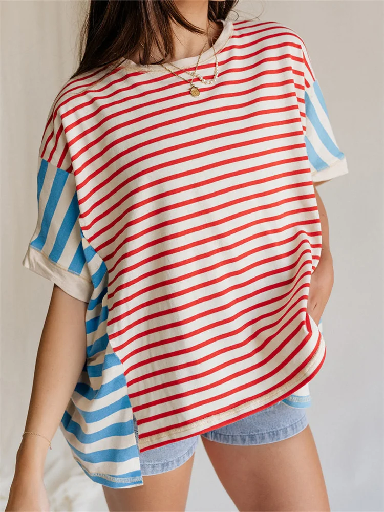 CHRONSTYLE Women Summer T-Shirts Striped Print Short Sleeve Round Neck ...