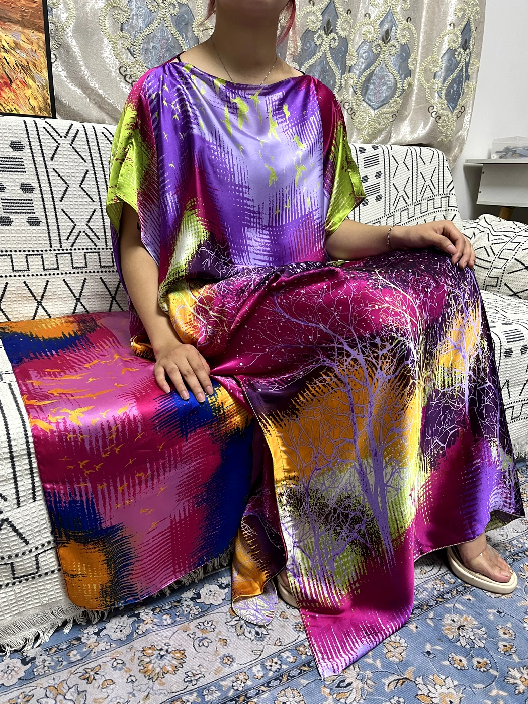 Muslim Abayas For Women 2023 Colour Silk Stains Sets Loose Femme Robe Turkey Islam African Party Dresses With Hijabs Turban Belt