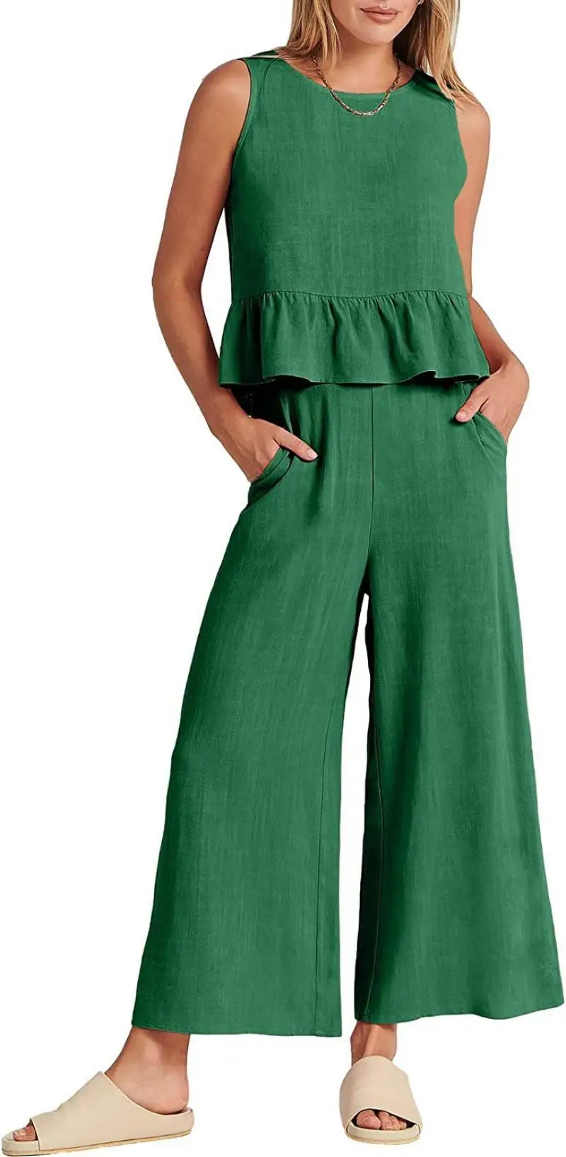 Women Summer Casual Linen 2 Piece Pants Set Solid Elegant Two Piece Suit Sleeveless Wide Leg Outfit 2023 New In Matcing Set -S5a4cf1455dfc4212847f84f8cddf0bef6