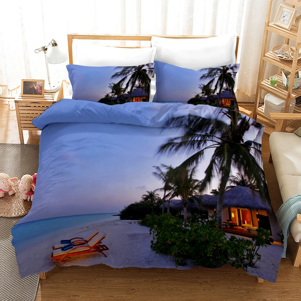 Beach Duvet Cover Set Polyester Tropical Island with The Palm Tree and Sea Beach Nature Theme Double Queen King Size Quilt Cover S5a4d1dbedfb348158bc3610d2da6d111X