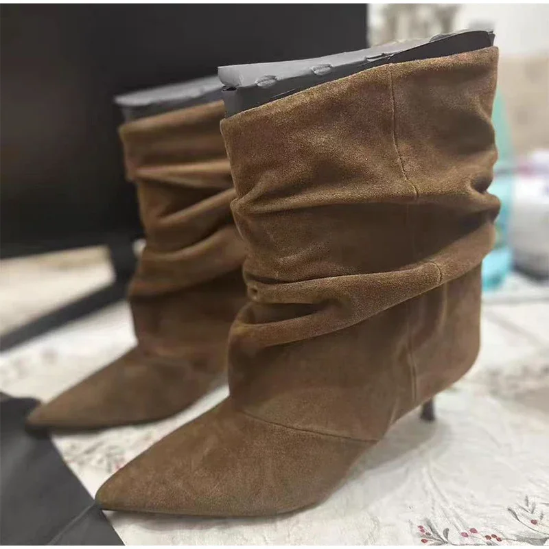 Luxus Mid-kalb Stiefel frauen Vintage Wildleder Spitz Stiefeletten Plissee Stiletto Absatz Low-heel Stiefel Marke retro Lose Stiefel – Detail 7