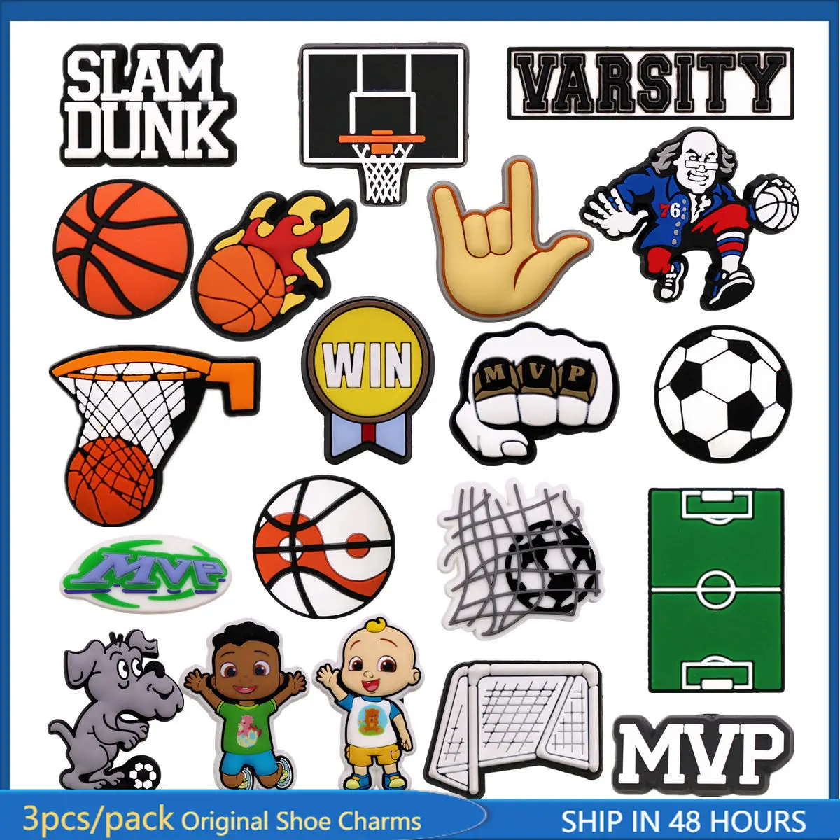 

3 Pcs Pack Original Basketball PVC Shoe Charms Decorations Football Shape Slipper Buckle Accessories Slam Dunk Designer Clog Pin