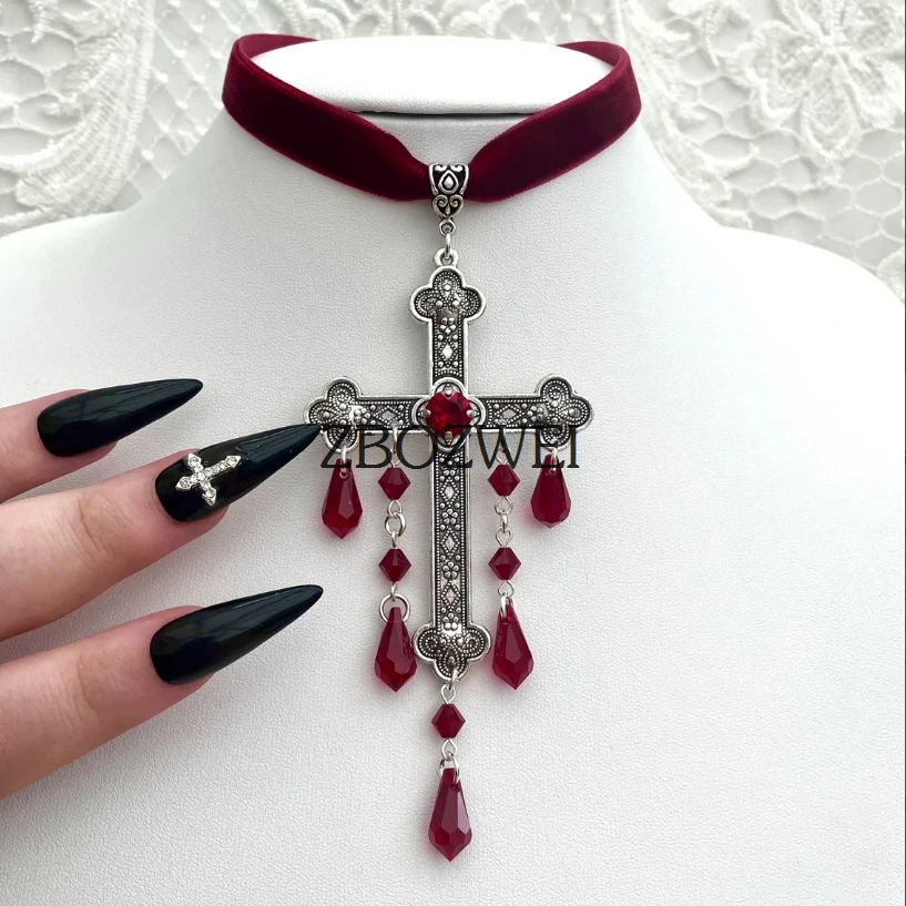 Cross Choker Large Red Goth Gothic Cross Velvet Red Velvet Choker