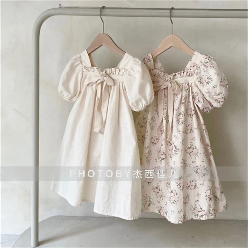

Ins Korean Style Summer New Dress Girl Baby's Bow Puff Sleeve Sweet Floral Square Collar Dress