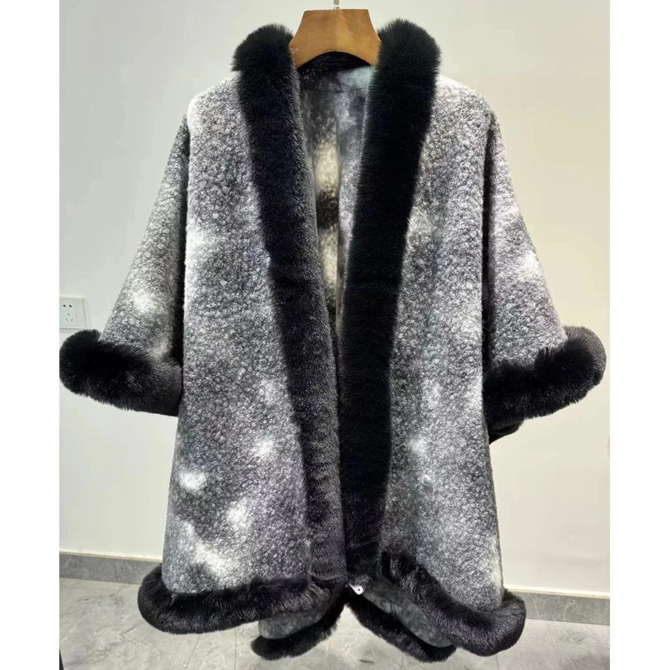 Description Picture 6 of item5 Colors Winter Women Long Faux Fur Collar Tie-dyed Lamb Velvet Poncho Cape Thick Cardigan Overcoat Loose Shawl Printed Cloak