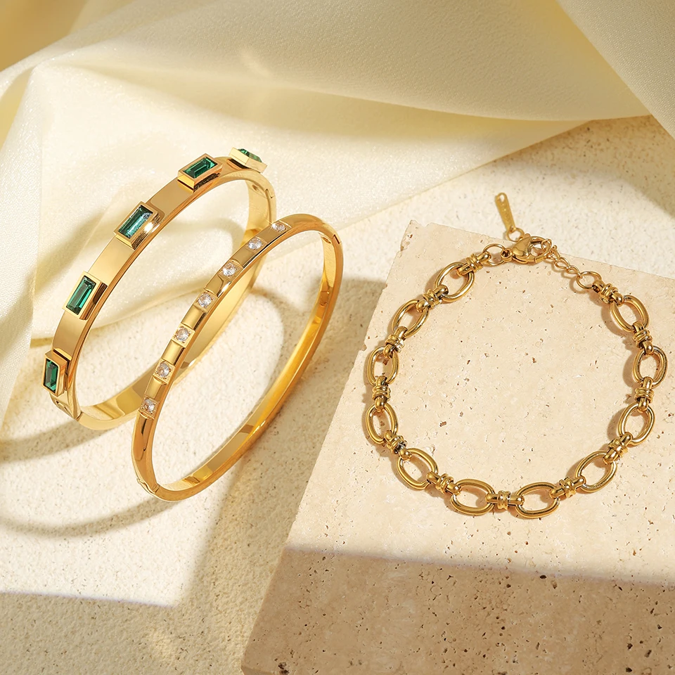 Luxury Gold Plated Stainless Steel Cuff Bracelet For Women Men Green Cubic Zircon Couple Bangle Waterproof Fashion Jewelry Gift 5