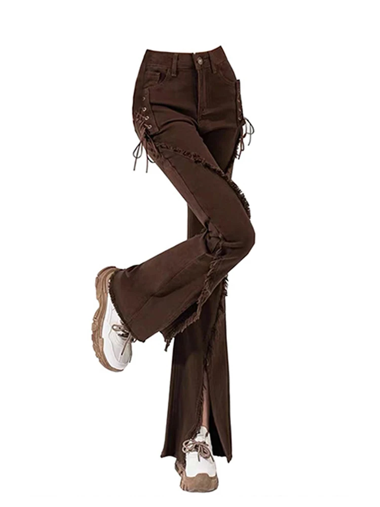

2023 New Women Solid Color Bandage Design Flare Pants Retro Tassel Tie Up Split Hem Female Denim Bell Bottom Vintage Cozy Chic