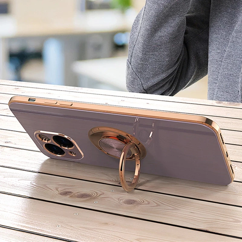 Silicone Ring Holder Phone Case For iPhone 11 12 13 14 15 Pro Max Mini X XR 8 Plus With Rotate Kickstand Shockproof Cover